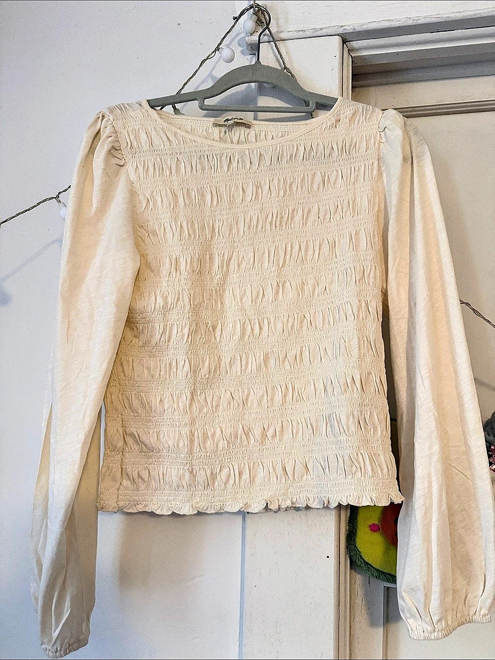 Madewell Smocked Boatneck Top Blouse Cream Large